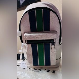Coach White Backpack with Green and Blue Stripes